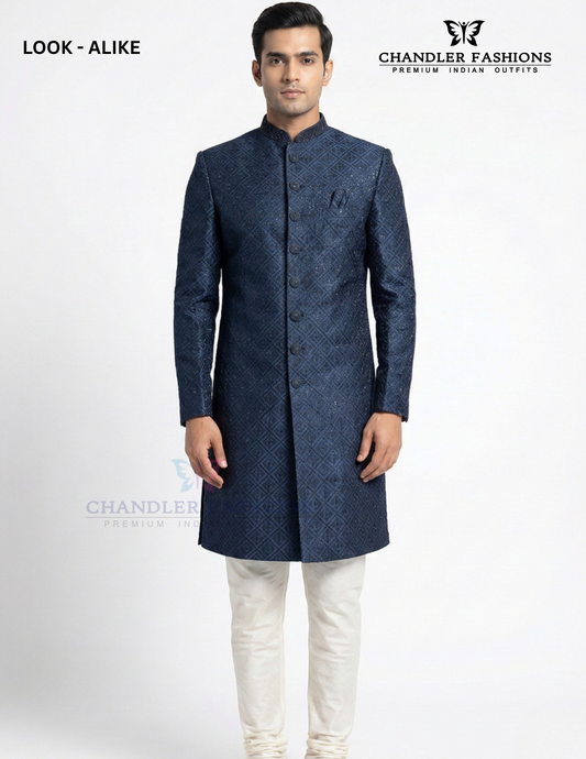 Premium Designer Vivaah Hand Embroidery Silk Sherwani Suit For Men - Blue