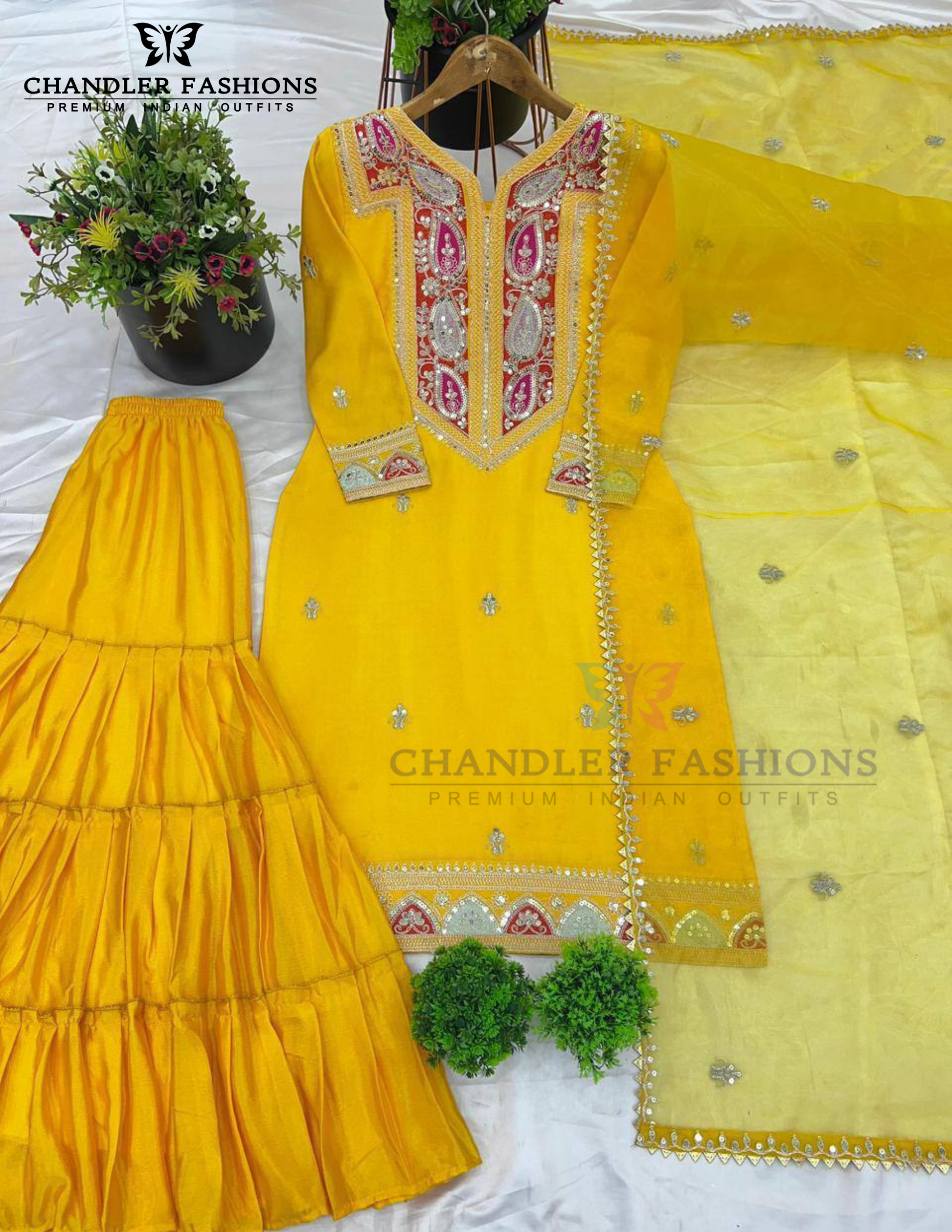 Yellow Color Heavy Chinon Silk With Embroidery Work Sharara Suits With Dupatta In USA