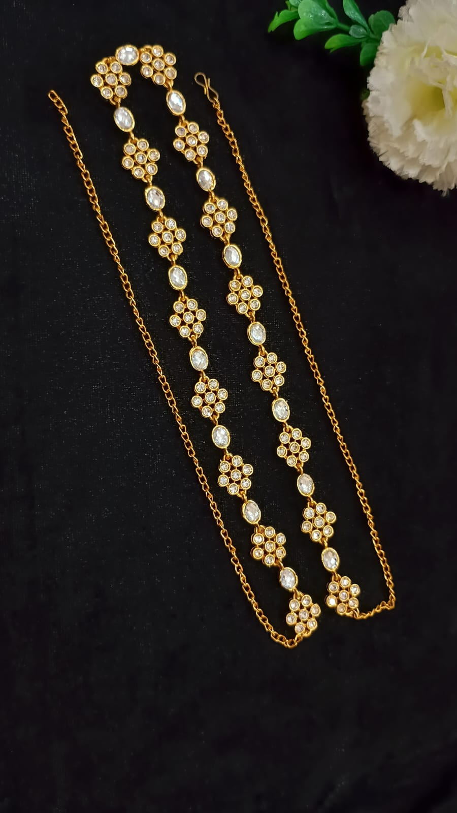 Stunning White Color Stone Worked Antique Gold Floral Design Hip Chain