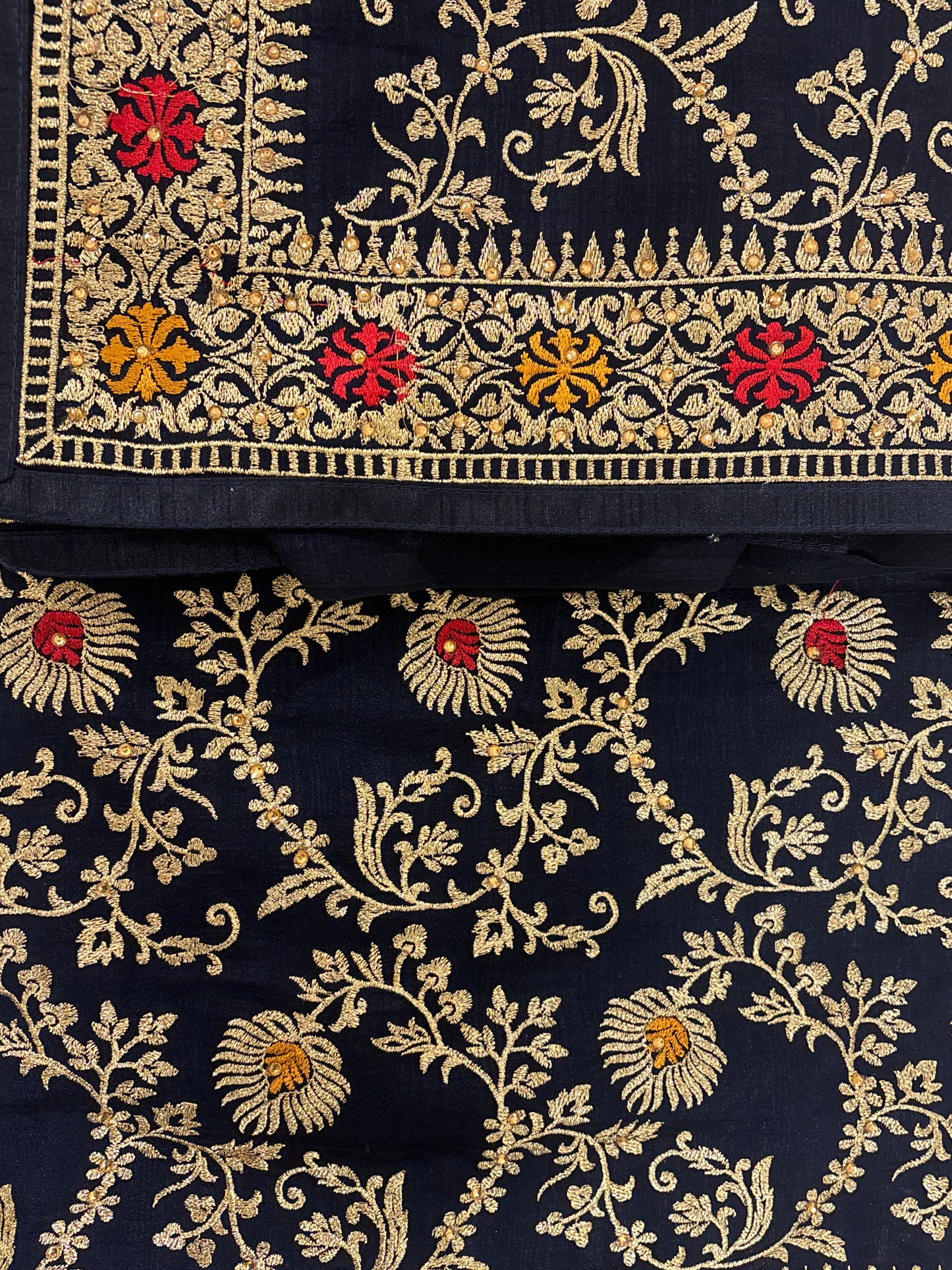 Graceful Dark Blue Color Heavy Chinon Embroidered Work With Gold Stone Fancy Saree - PREMIUM QUALITY