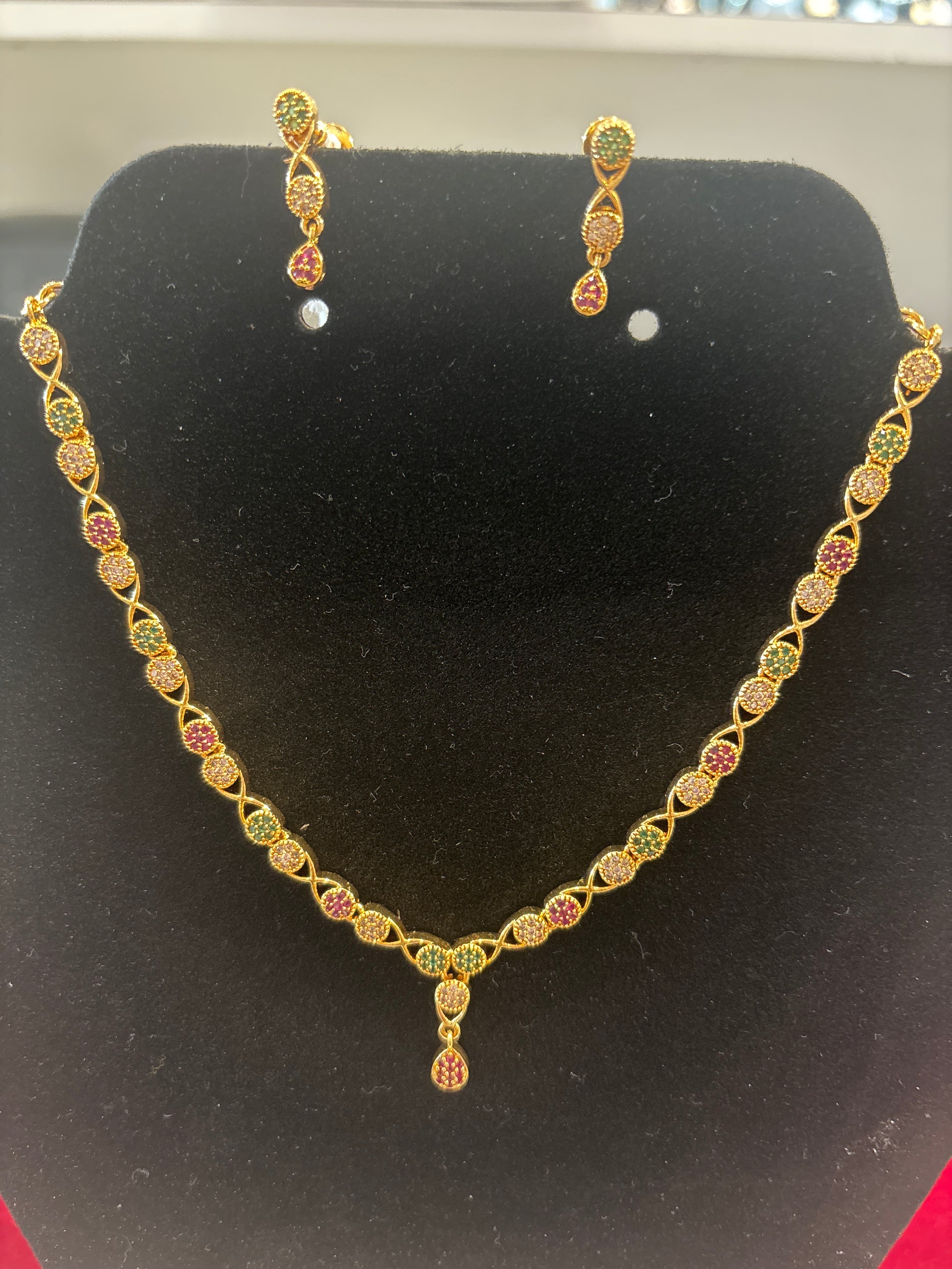 Elegant Multicolor Stones Gold Plated Necklace With Earrings Set For Women