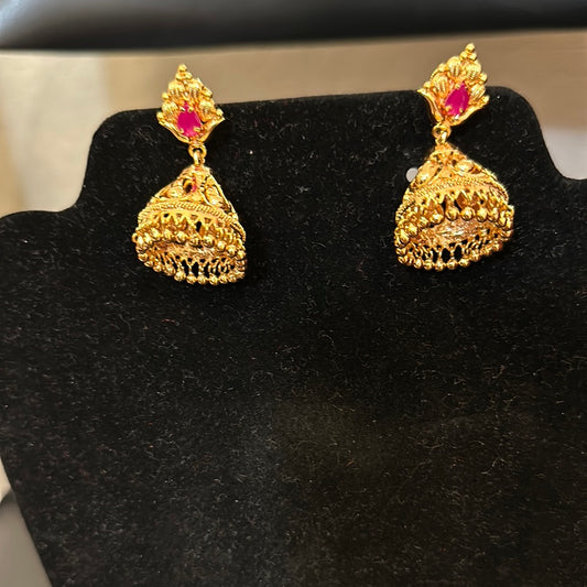 Beautiful Gold Plated Earrings With Pink Stone
