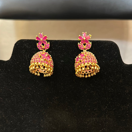 Beautiful Gold Plated Jumka Earrings With Pink Stones