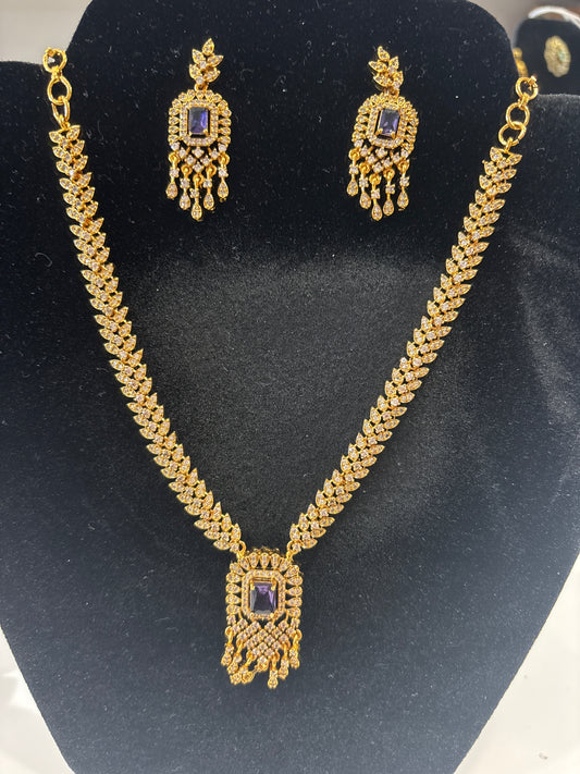 Stunning White And Purple Stones Gold plated Necklace With Earrings Set
