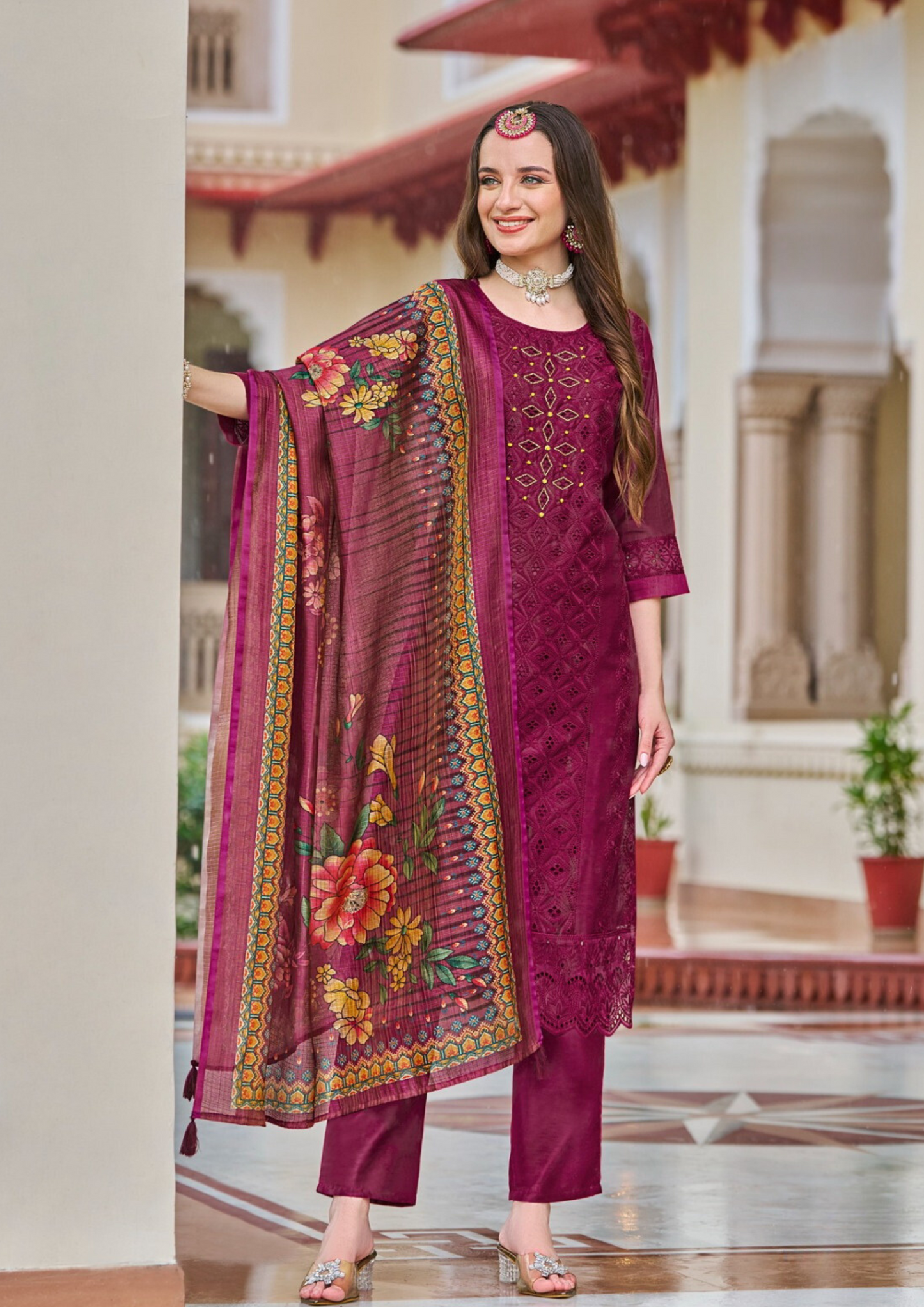 Attractive Purple Color Chanderi Silk Salwar Suits For Women