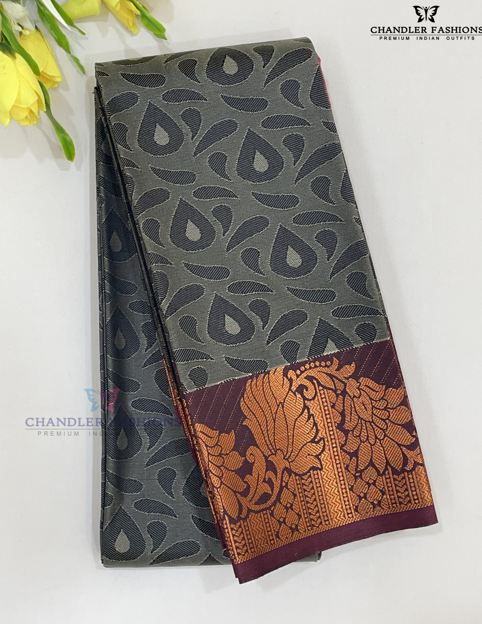 Charming Gray Color With Maroon Color Golden Zari Border Art Silk Saree For Women