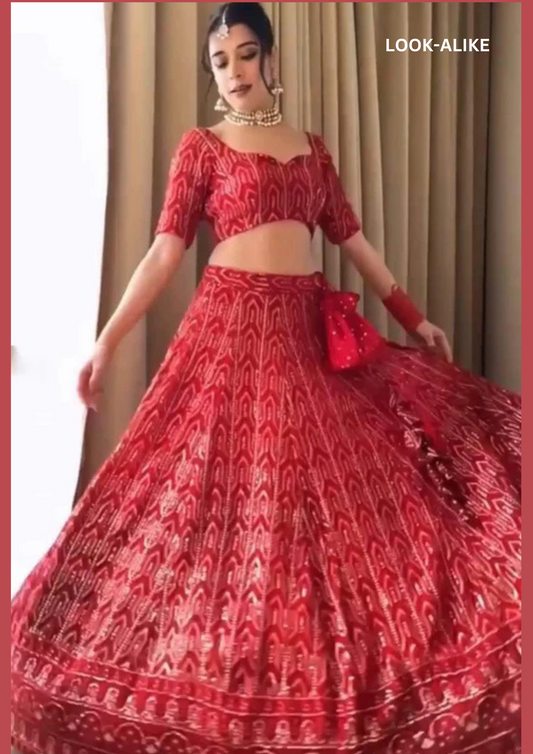 Elegant Red Color Bridal Wear Georgette Heavy Chine Sequins Work Lehengas With Work Dupatta