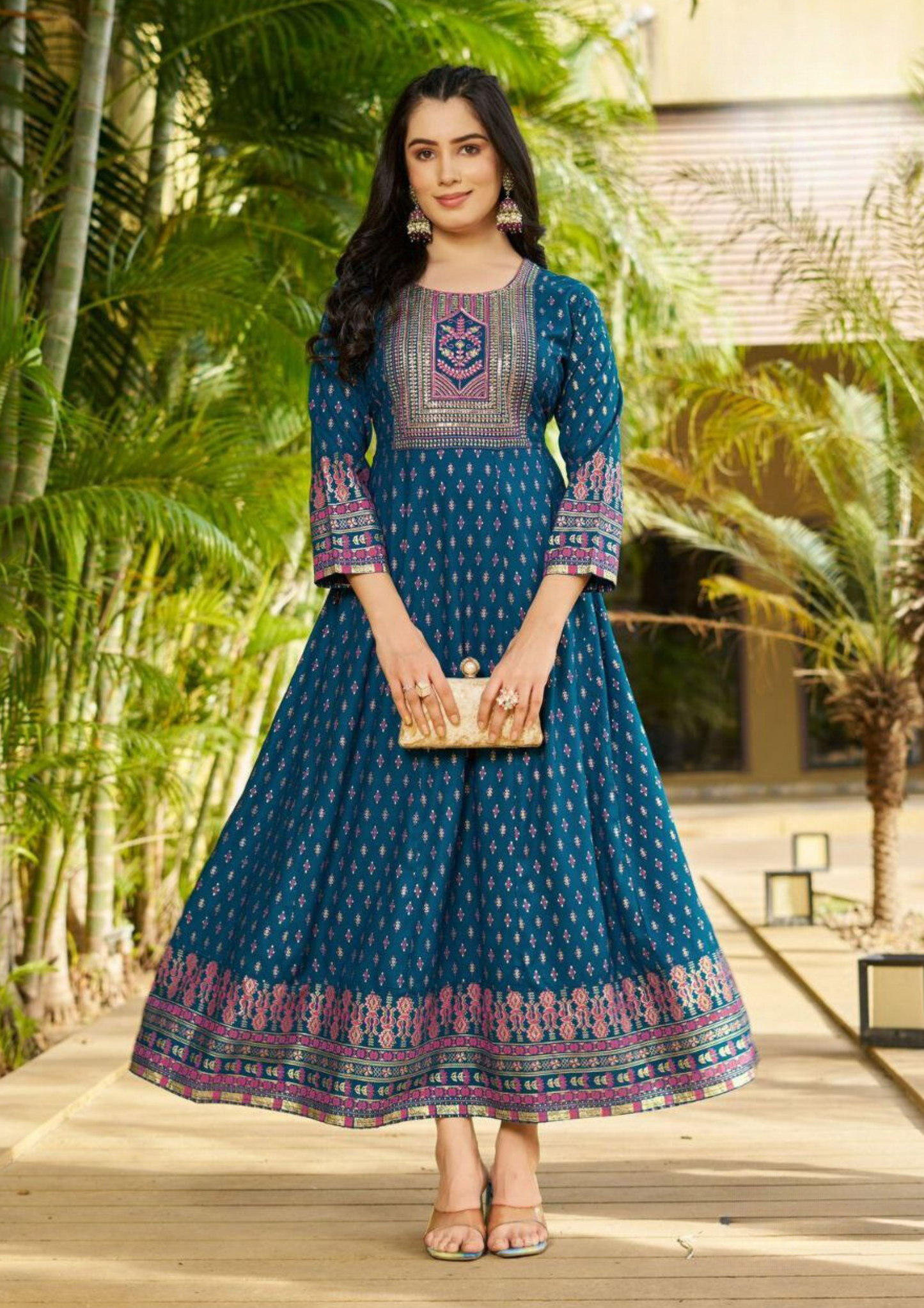 Elegant Designer Blue Color Rayon Foil Print Anarkali Gown With Embroidery Work