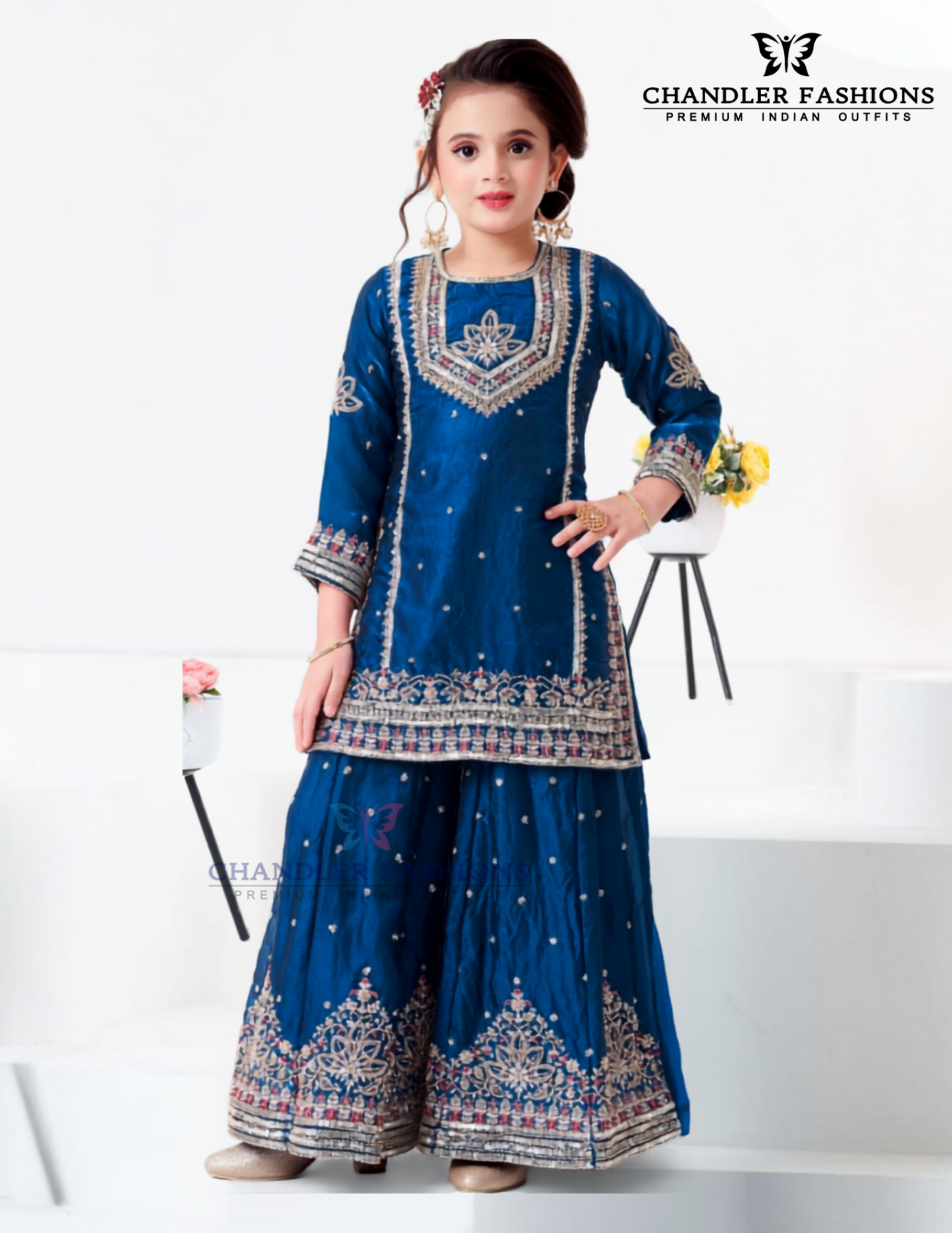 Wonderful Blue Color Fendy Silk With Embroidery And Sequins Work Palazzo Suits For Girls