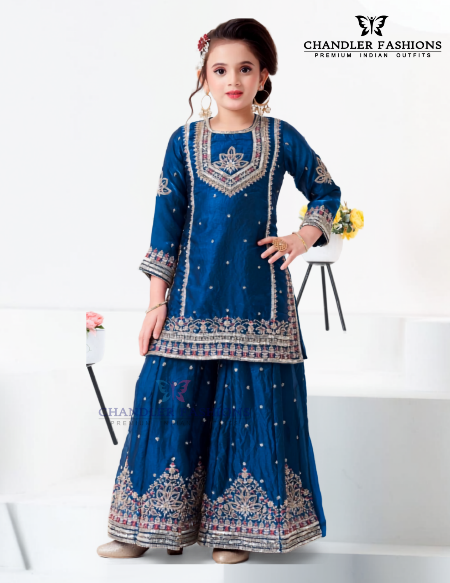 Wonderful Blue Color Fendy Silk With Embroidery And Sequins Work Palazzo Suits For Girls