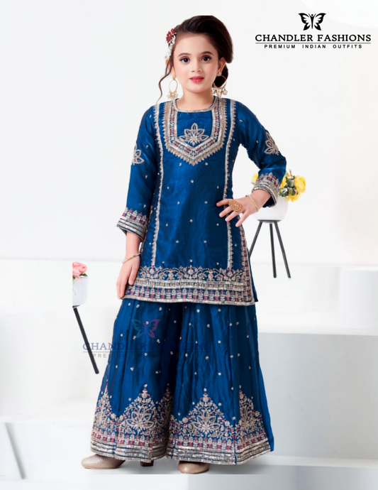 Wonderful Blue Color Fendy Silk With Embroidery And Sequins Work Palazzo Suits For Girls