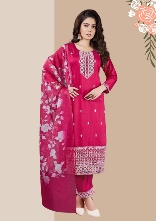 Beautiful Pink Colored Salwar Suits With Floral Design Dupatta For Women