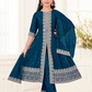 Elegant Teal Blue Color Silk With Embroidery Work Kurti Suits With Dupatta Set For Girls