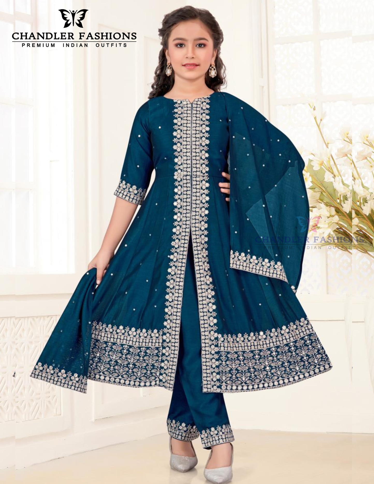 Elegant Teal Blue Color Silk With Embroidery Work Kurti Suits With Dupatta Set For Girls