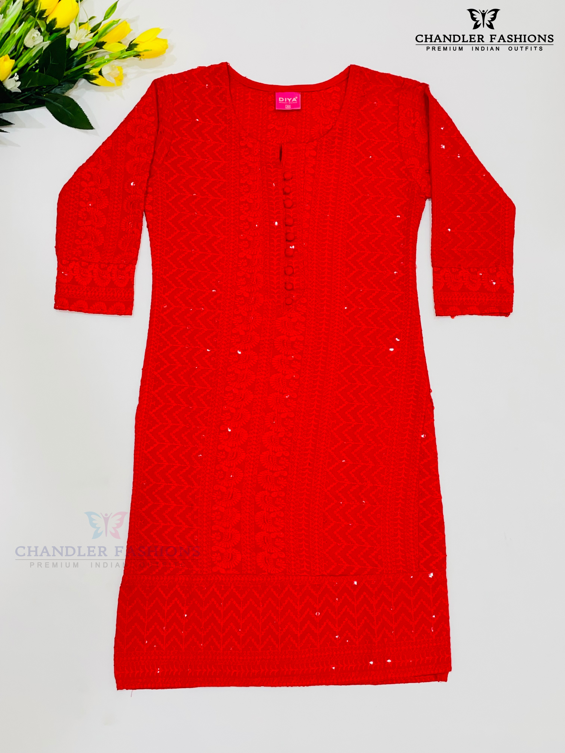 Elegant Red Color Soft Cotton With Chikankari Work Kurti For Girls