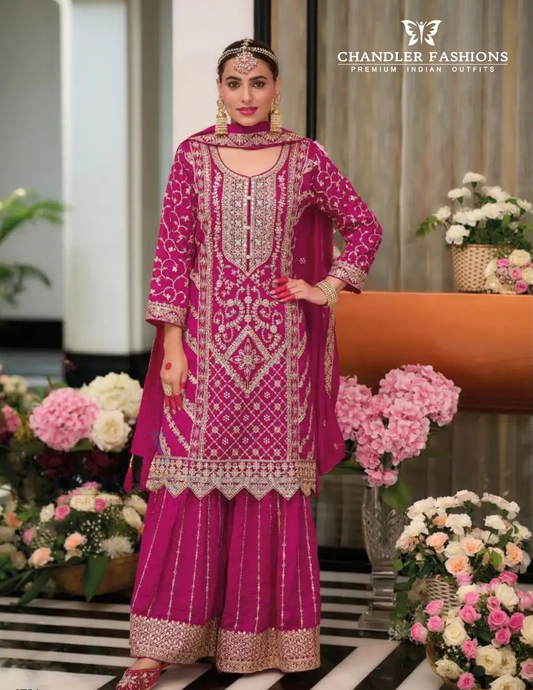 Pretty Pink Color Heavy Silk With Embroidery Work Palazzo Suits And Dupatta