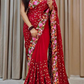 Attractive Red Color Thread Work Embroidery Sequins Georgette Saree For Women