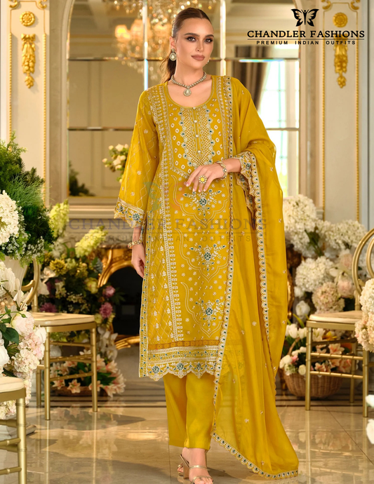 Elegant Mustard Yellow Color Soft Organza With Embroidery Work Salwar Suits For Women