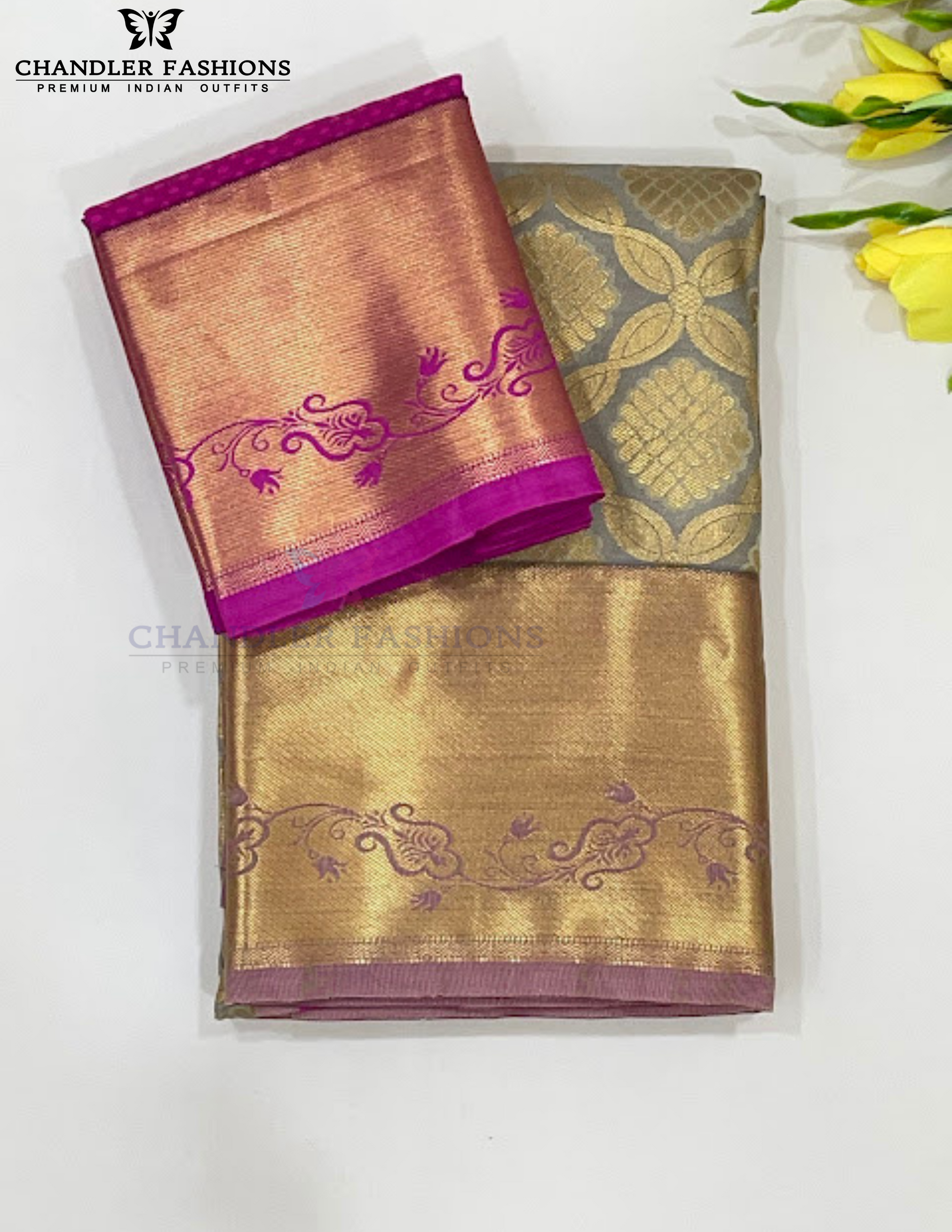 Attractive Gray Color Pure Kanchi Silk With Gold Zari Work Saree For Women - SILKMARK CERTIFIED