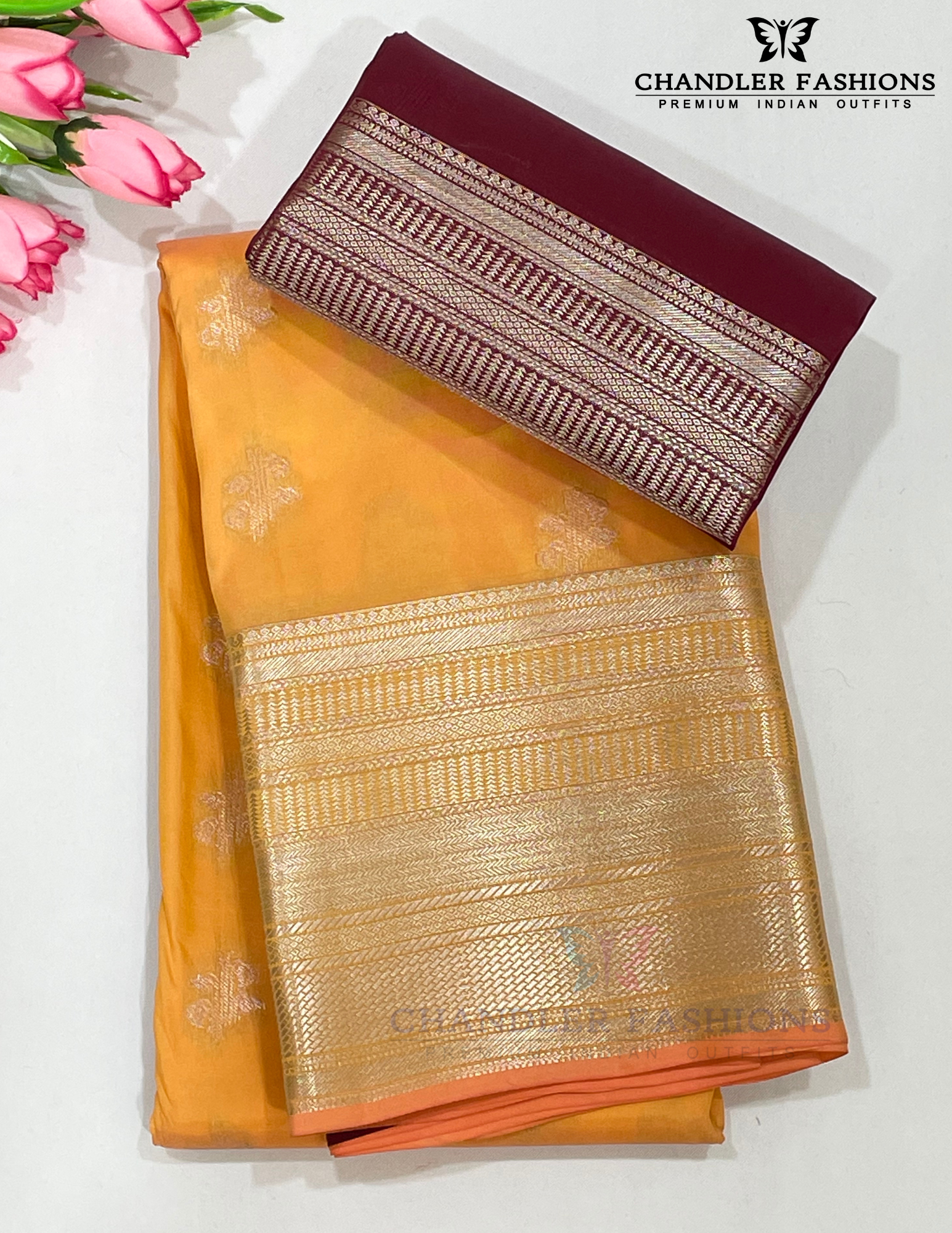 Alluring Light Orange Color Pure Kanchi Silk With Maroon Pallu And Gold Zari With Traditional Motifs Work Saree For Women - SILKMARK CERTIFIED