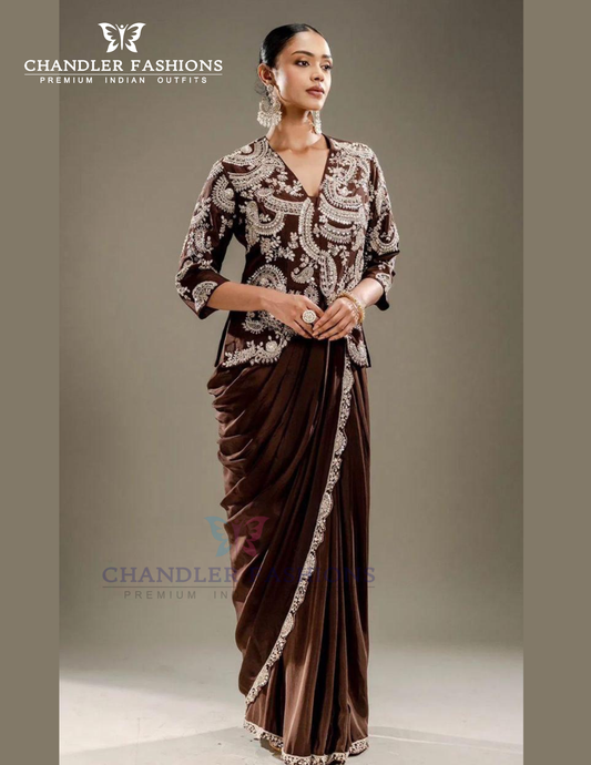 Gorgeous Brown Color Heavy Chinon Ready To Wear Saree For Women