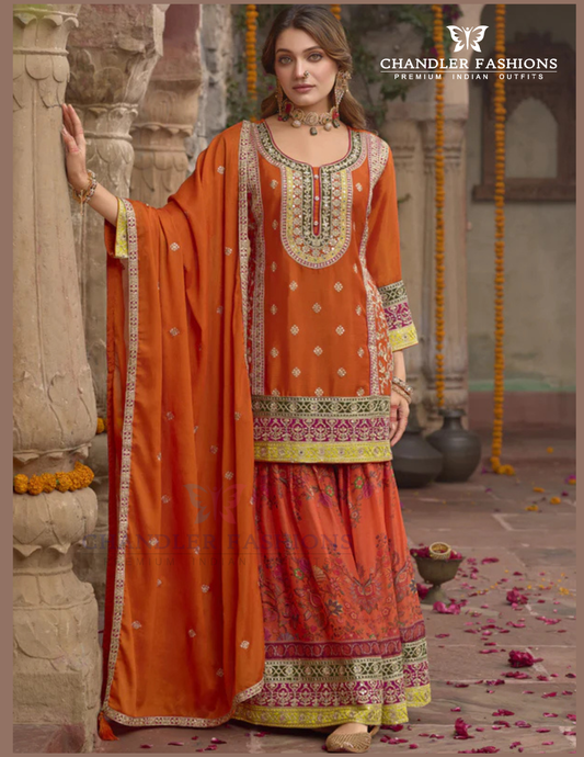 Elegant Orange Color Heavy Chinon With Embroidery Work Palazzo Suits And Dupatta