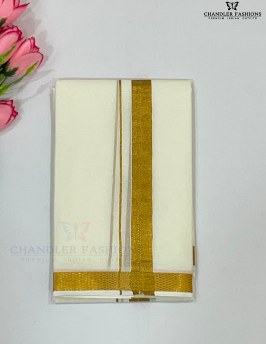Stunning Cream Color Men's Cotton Angavastram With Gold Zari Border
