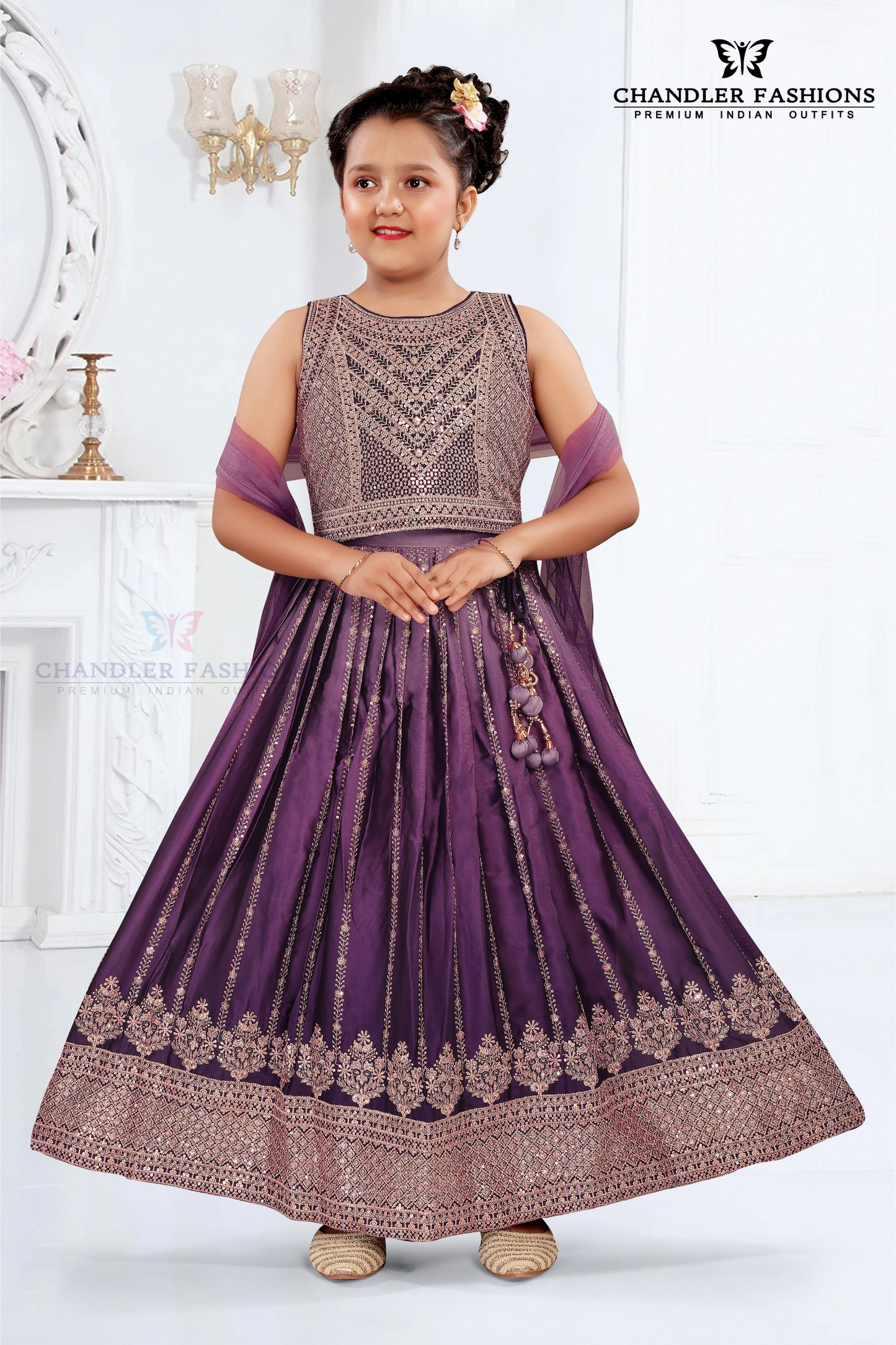 Appealing Purple Color Embroidery And Sequins Work Silk Choli Sets For Girls