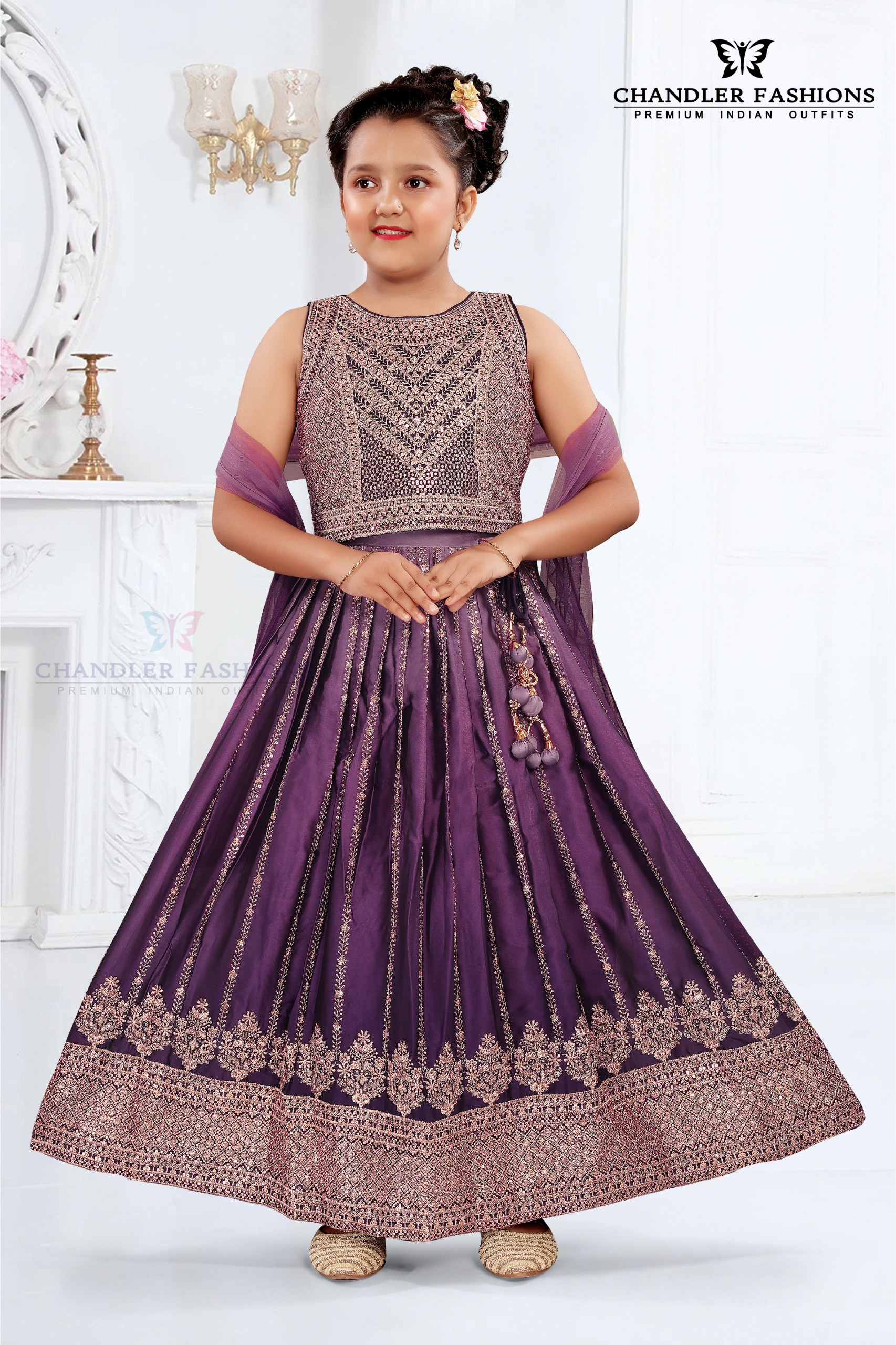Appealing Purple Color Embroidery And Sequins Work Silk Choli Sets For Girls