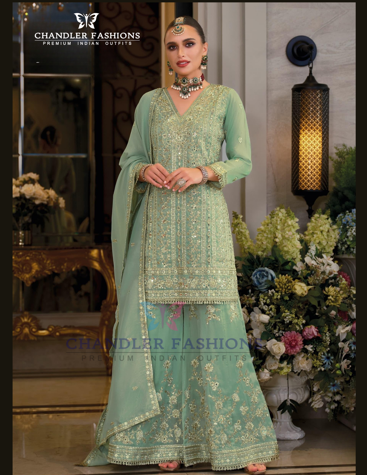 Attractive Light Green Color Shimmer With Embroidery Work Palazzo Suits And Dupatta