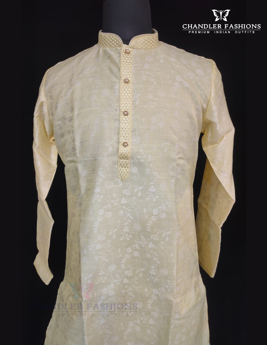 Elegant Ivory Color Brocade Men's Kurta With Cotton Pajama Pant