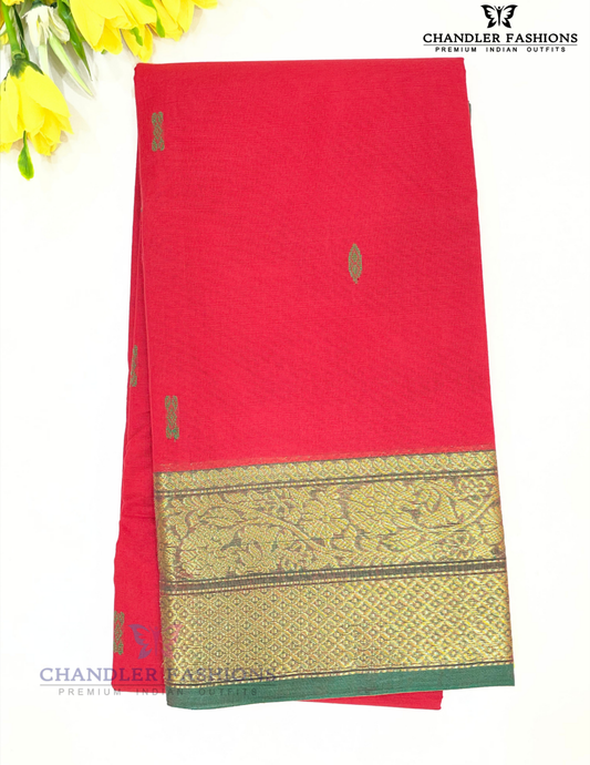 Elegant Red Color Cotton Saree With Zari Work For Women