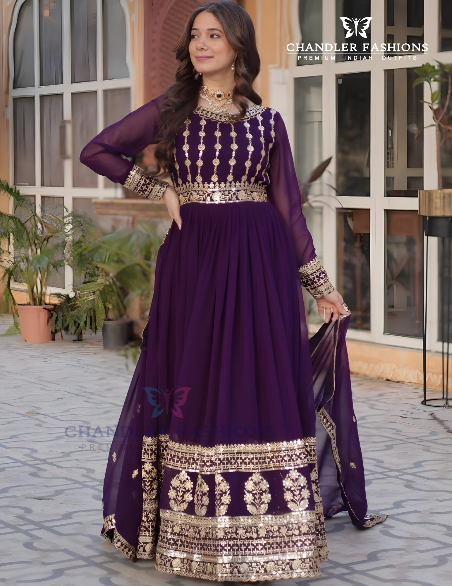 Purple Color Faux Blooming With Embroidery Zari Sequins Work Gown Near Me