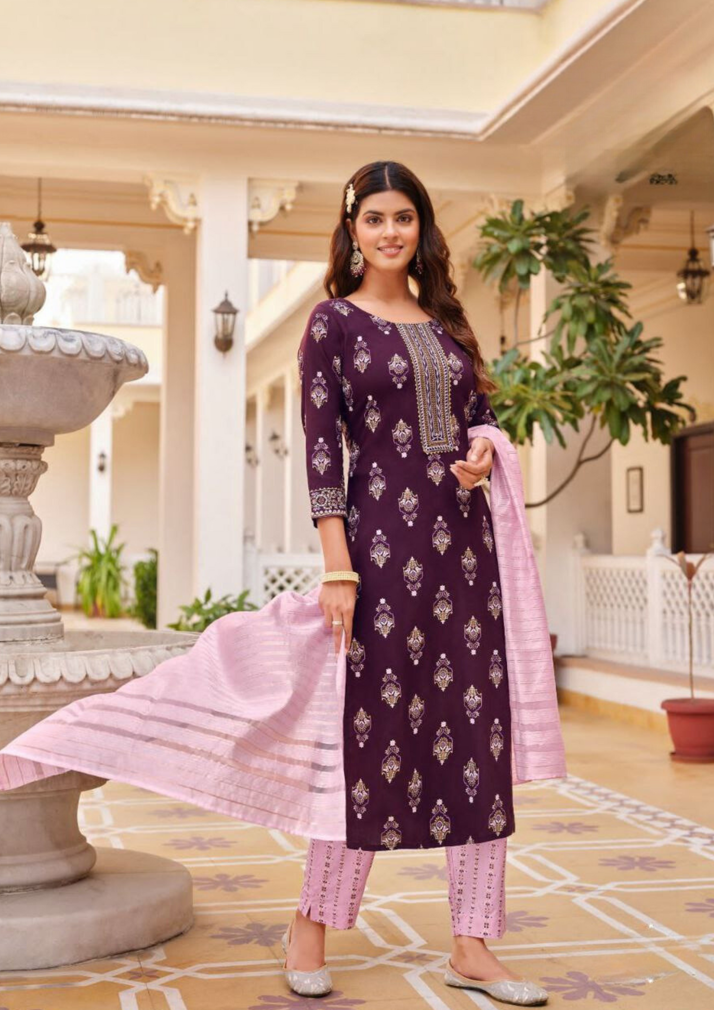 Beautiful Purple color Rayon With Classy Gold Print Fancy Embroidery Work