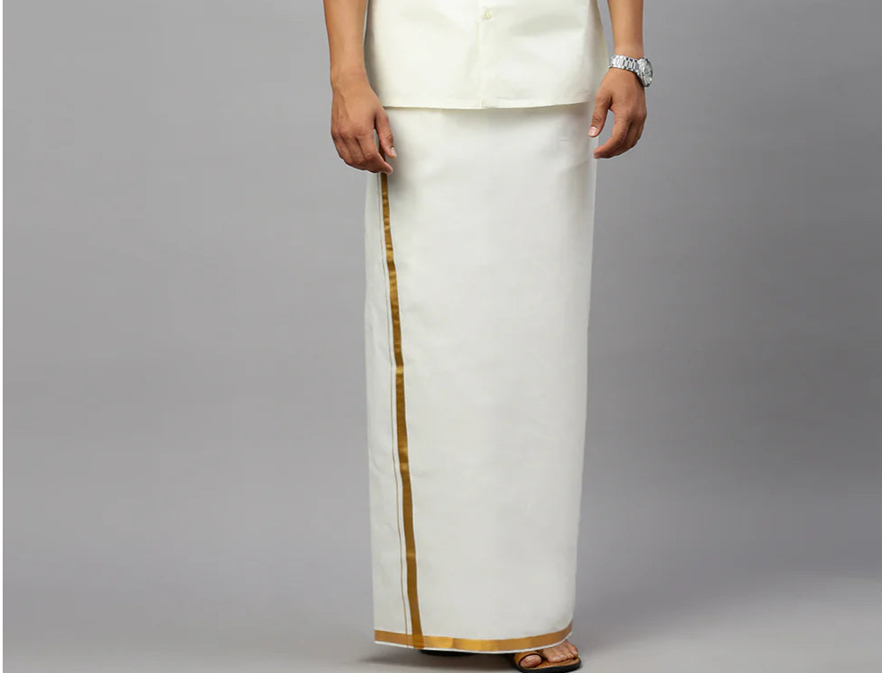 Elegant Premium White Color Cotton Dhoti With Golden Zari Border For Men