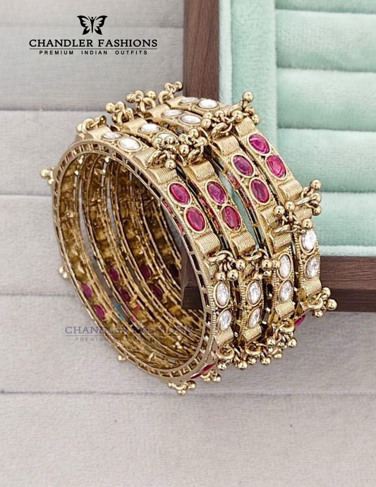 Amazing Red And White Color Stones Gold Plated Bangles For Women