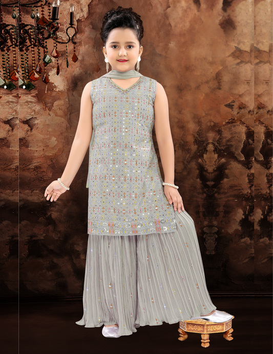 Elegant Gray Color Georgette Embroidery Work Sharara Suit For Girls