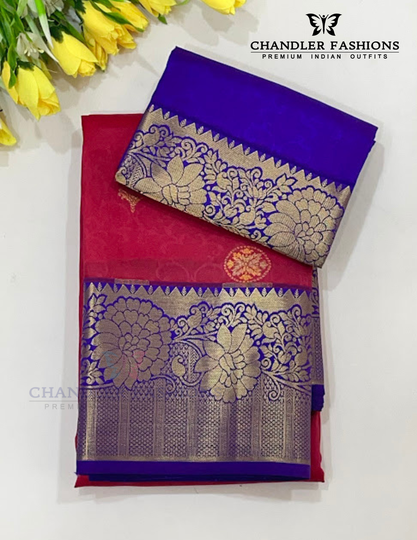 Stunning Red Color Pure Kanchi Silk With Blue Color Pallu And Gold Zari With Floral Motifs Work Saree For Women - SILKMARK CERTIFIED