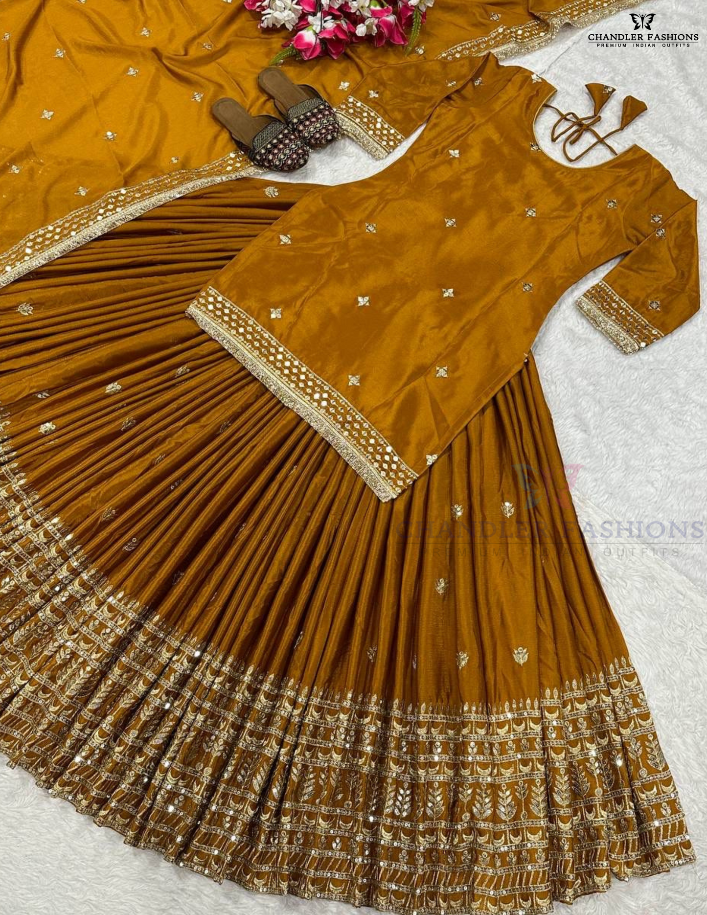 Alluring Mustard Brown Color Heavy Chinon Silk Lehenga Choli With Embroidery And Sequins Work
