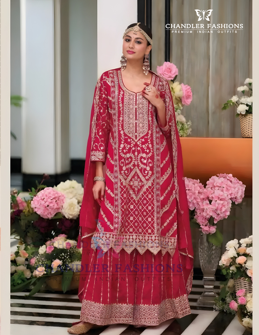 Charming Dark Pink Color Heavy Silk With Embroidery Work Palazzo Suits With Dupatta For Women