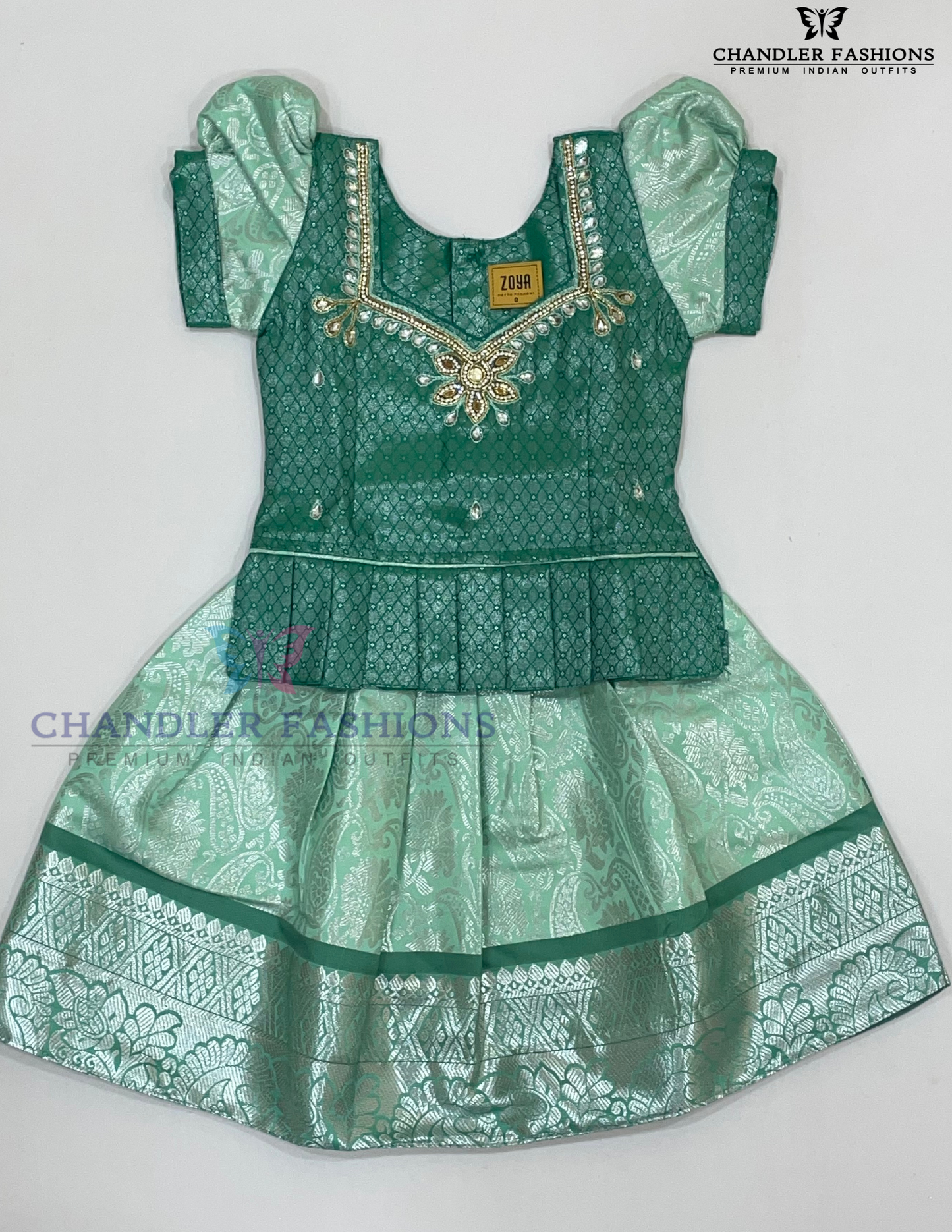 Attractive Green Color Art Silk Langa Set With Stone Work For Girls