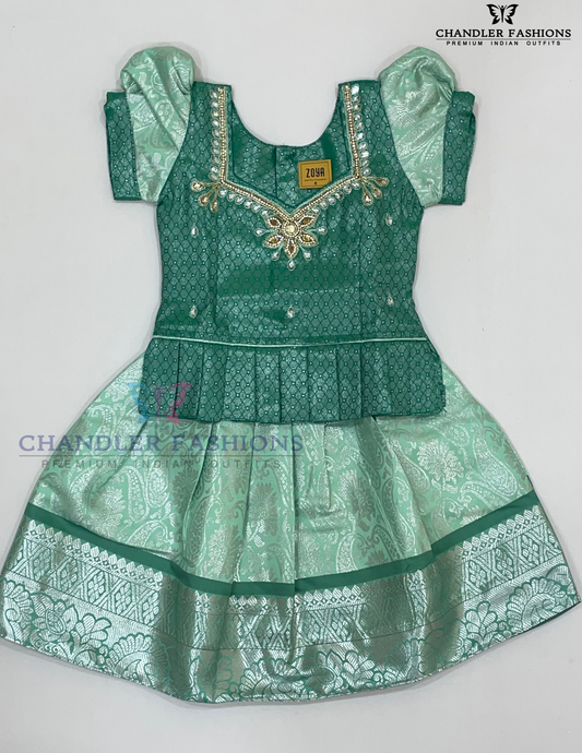 Attractive Green Color Art Silk Langa Set With Stone Work For Girls