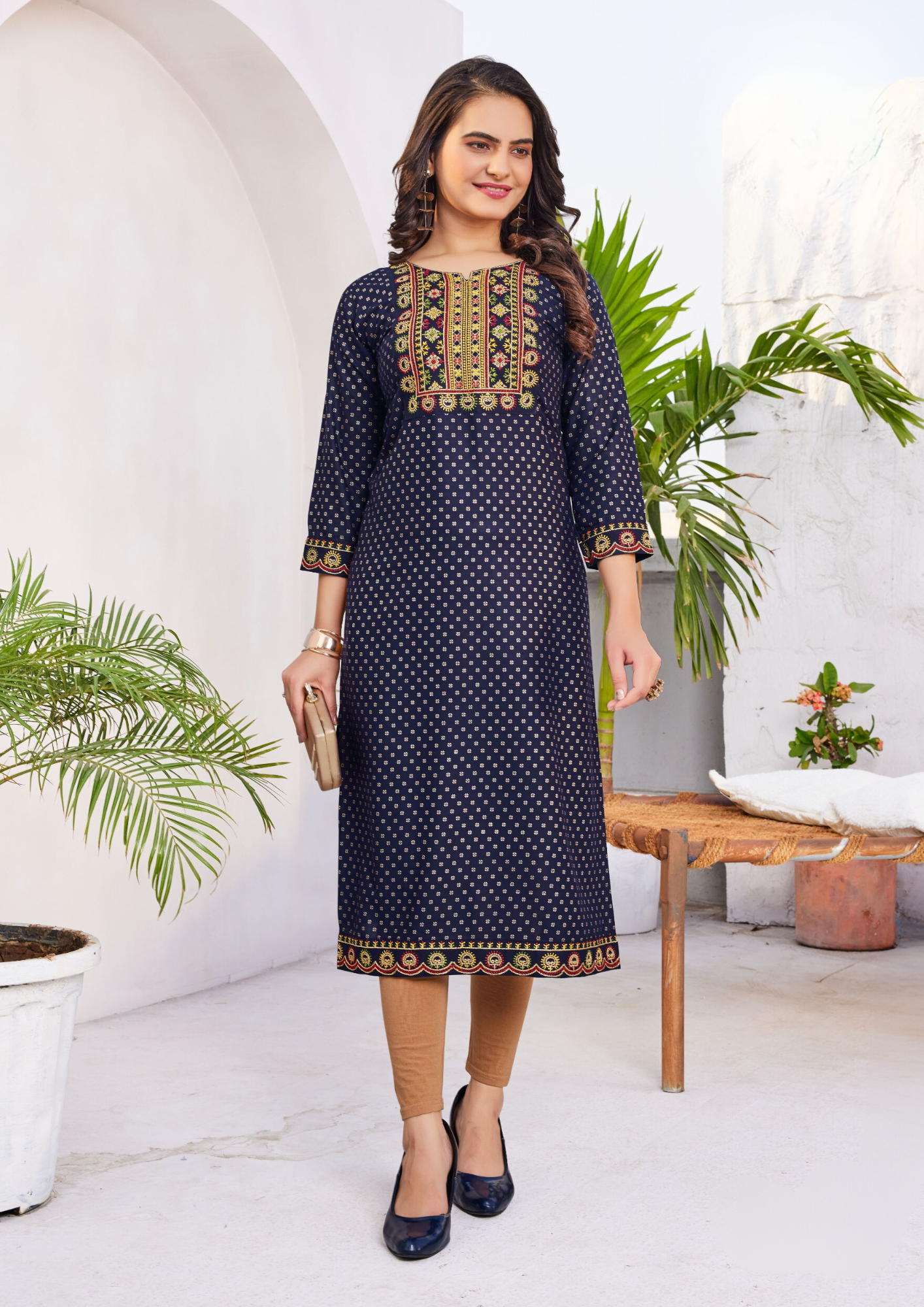 Charming Dark Blue Colored Rayon Kurti With Zari & Thread Embroidery Work