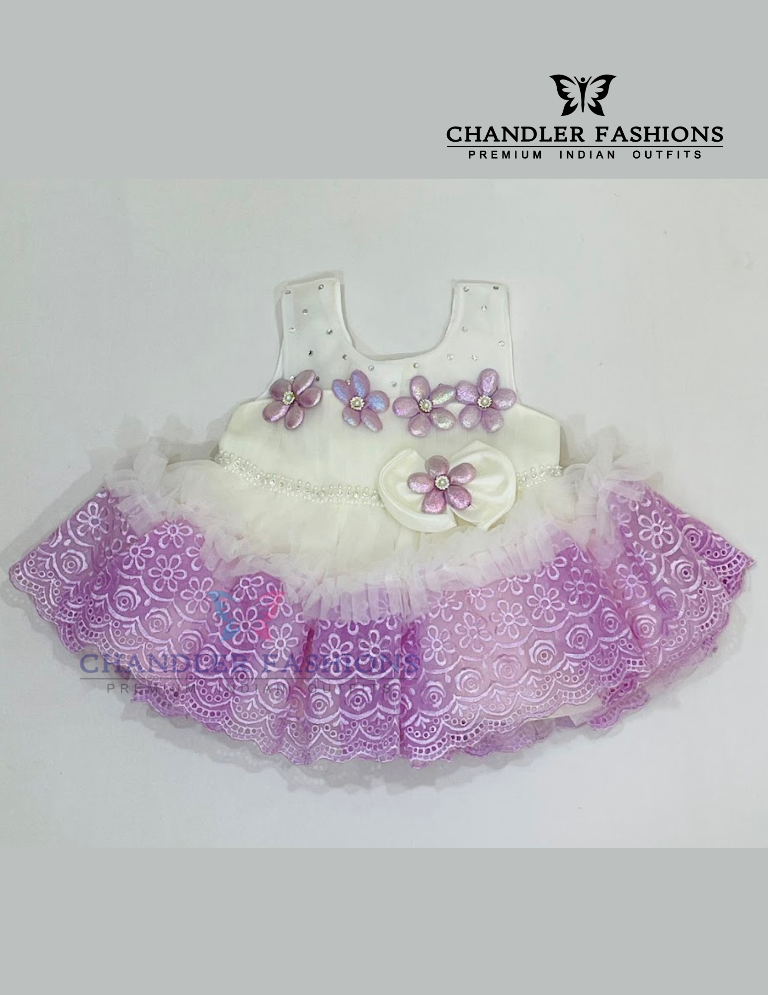 Alluring Off White And Lavender Color Soft Net Frock For Girls