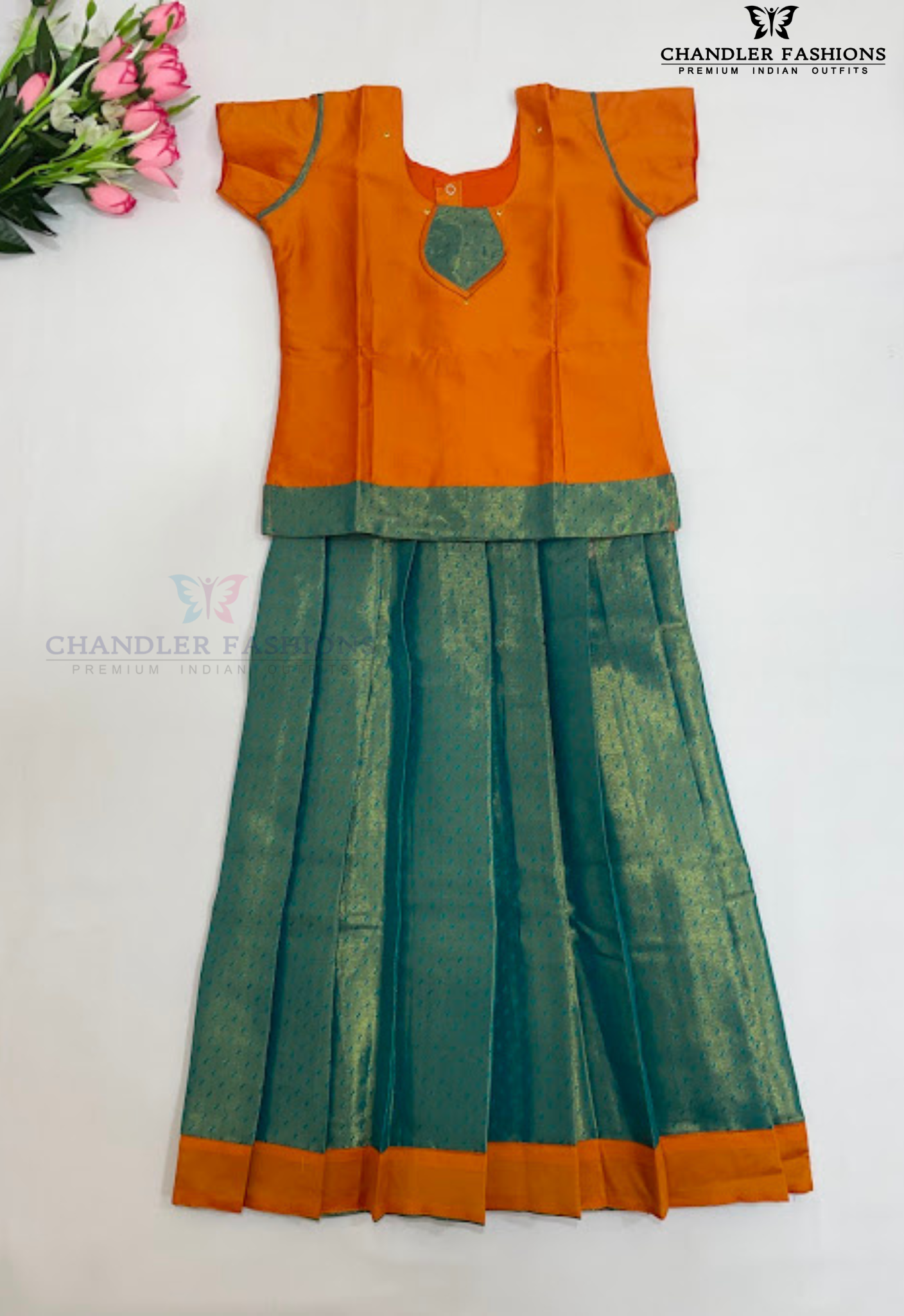 Elegant Orange Color Silk Langa Sets With Zari Work For Girls