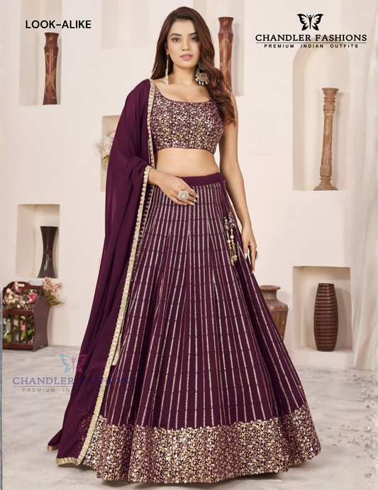 Alluring Wine Color Georgette Lehenga Choli With Sequins And Embroidery Work