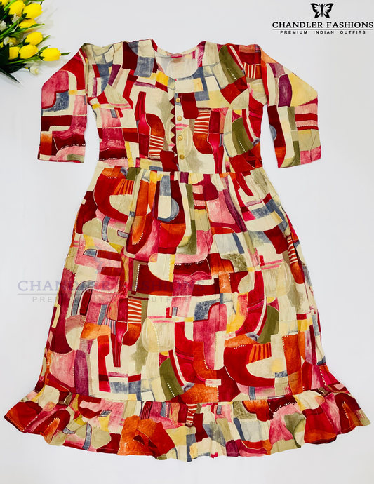Wonderful Multicolor Color Rayon With Self Design Work Kurti For Women