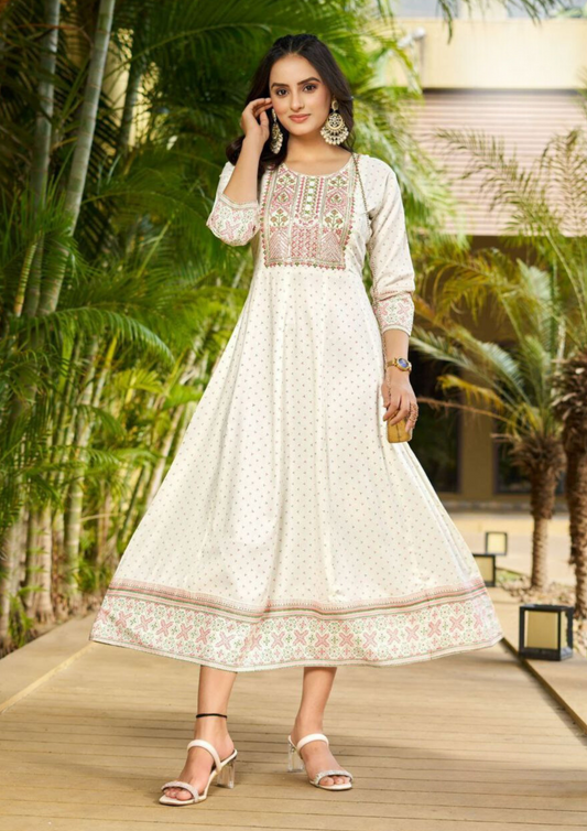 Attractive White Color Rayon Foil Print Anarkali Gown With Embroidery Work