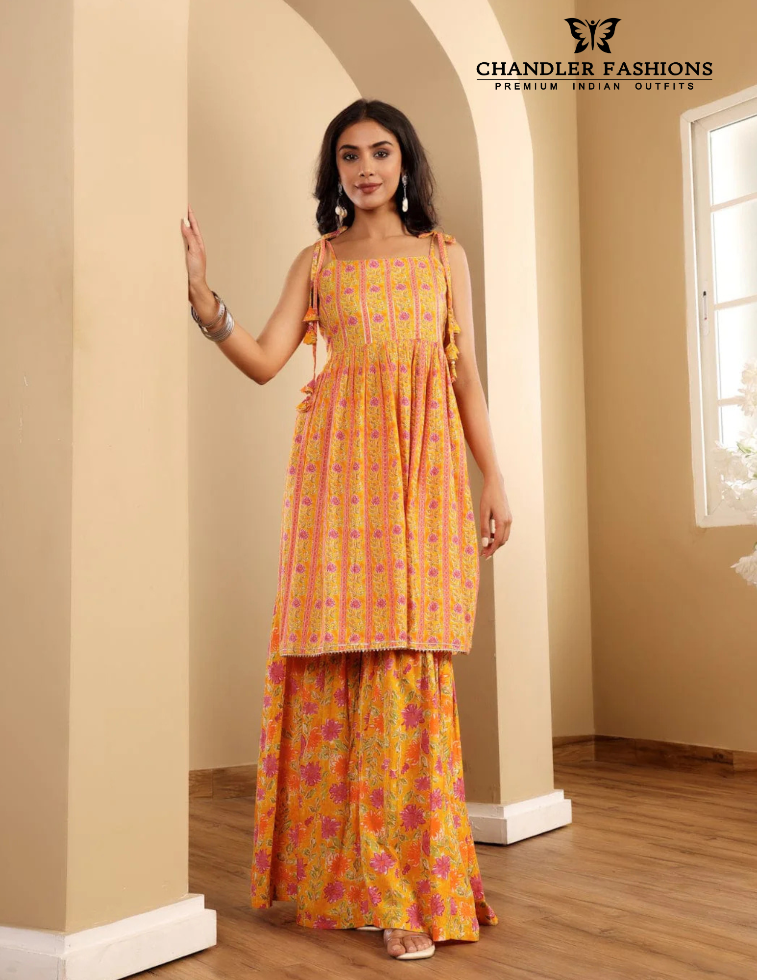 Appealing Yellow Color Cotton Sharara Suits With Floral Printed Work