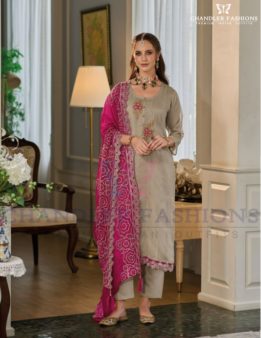 Attractive Gray Color Organza With Embroidery Salwar Suits With Dupatta For Women